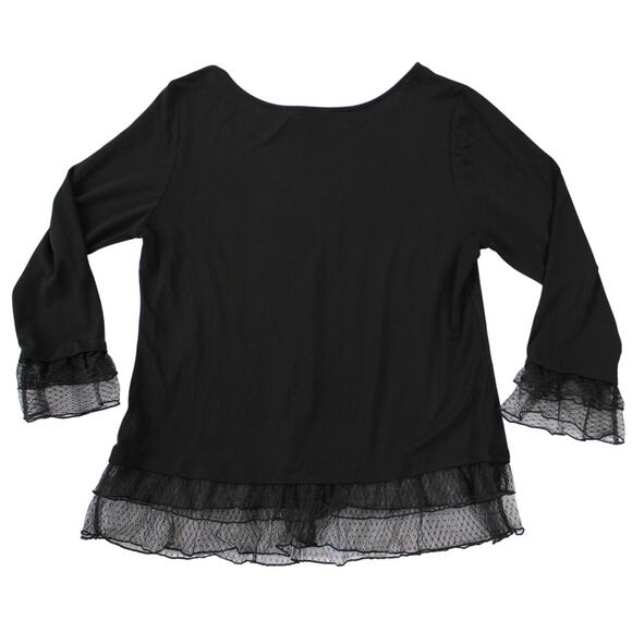 Adiva Black Ruffle Mesh Trim Top L Bell Sleeve Tunic Stretchy Pullover - Picture 2 of 7